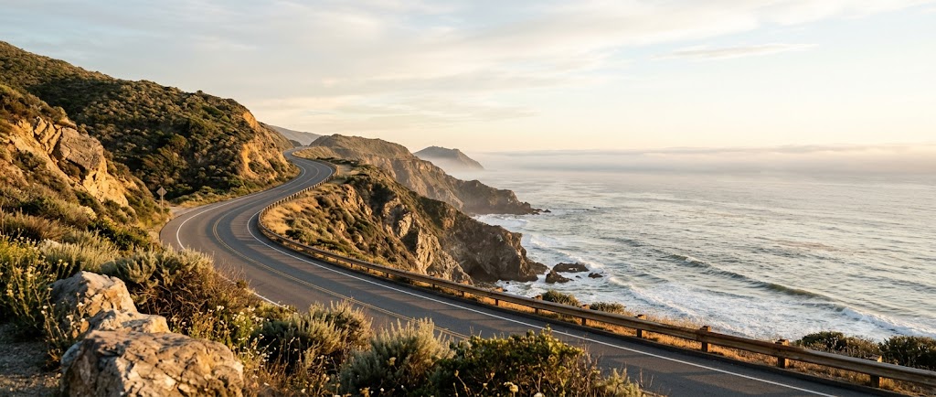 Empty coastal highway curving above the Pacific at golden hour
