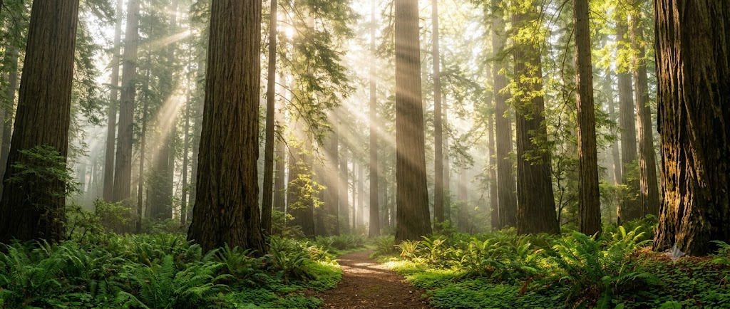 Morning light through a redwood grove