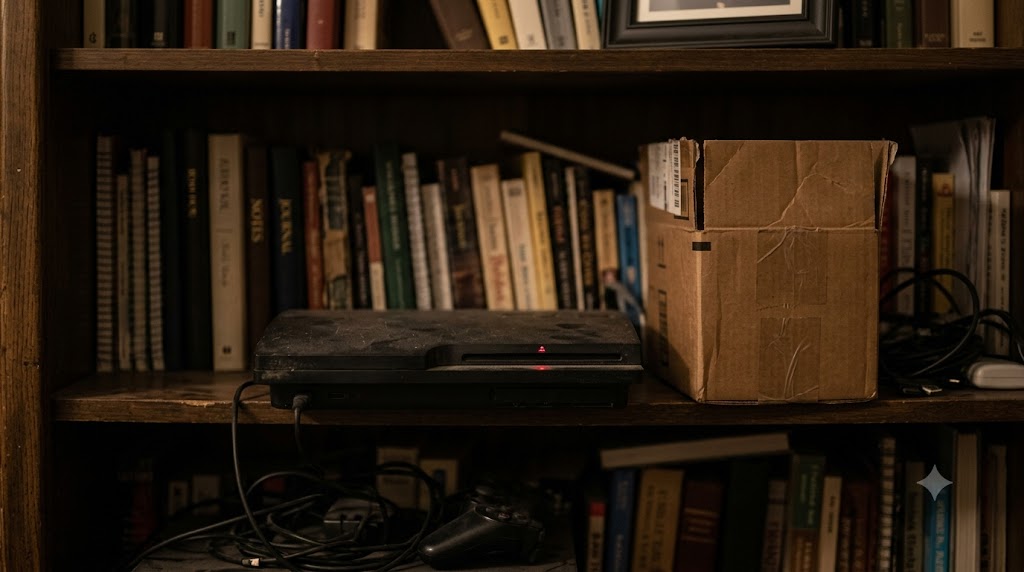 A shelf of aging manuals and tangled cables beside a cardboard box
