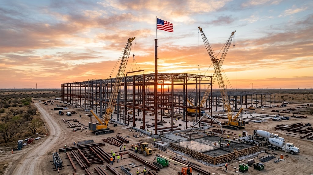 Cranes raising a steel building frame against a sunrise sky
