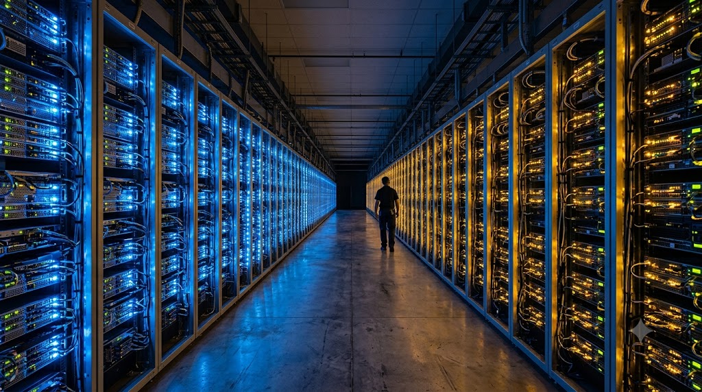 A technician walking a dark server aisle between racks of blue and amber lights