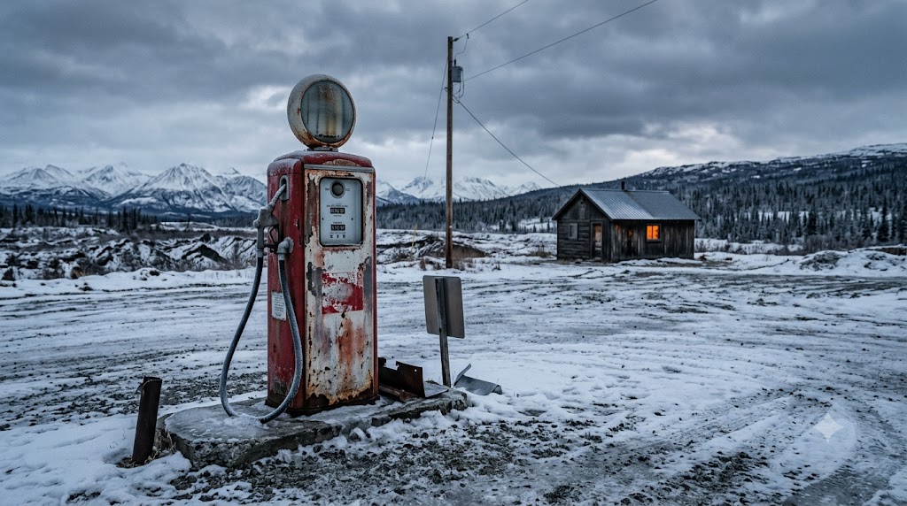 A rusted vintage gas pump standing frozen in a snow-covered lot below the mountains