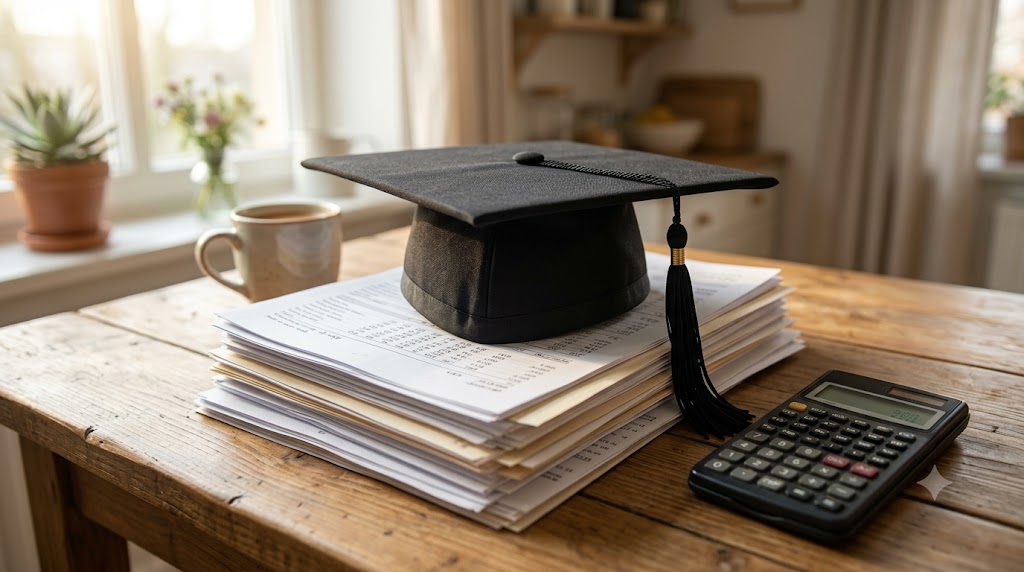A graduation cap resting on a stack of statements beside a calculator on a kitchen table