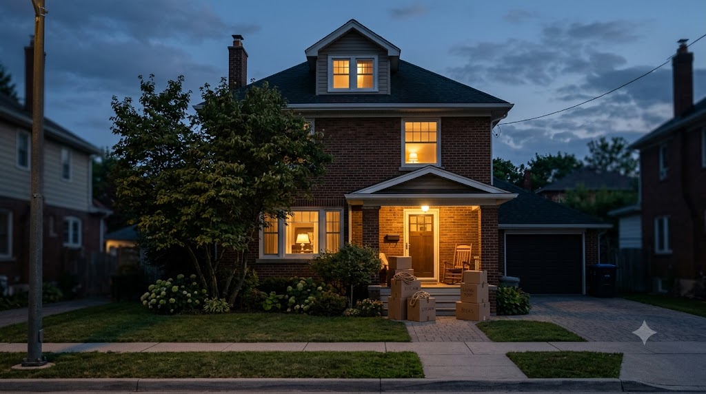 A lit family house at dusk with packing boxes stacked on the front porch.