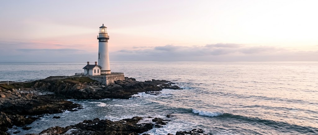 A white lighthouse on a rocky point at dusk, its lamp lit over open water