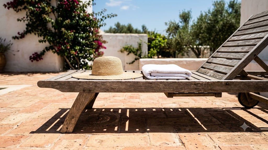 A straw hat and folded towel on a weathered wooden sun lounger in a bright courtyard