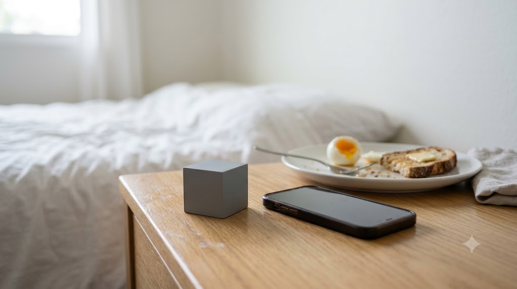 A phone lying dark on a bedside table next to breakfast in the morning light