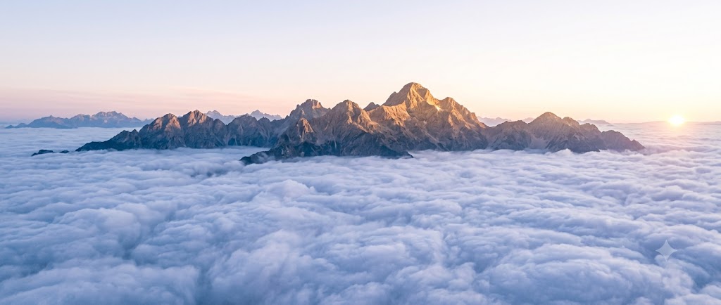 Sunlit peaks above a sea of clouds