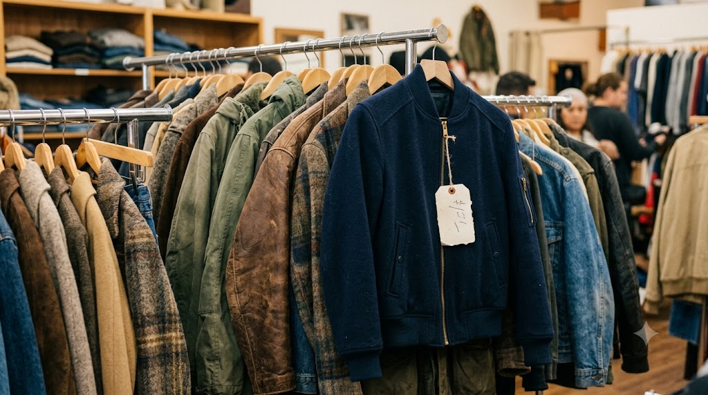 A navy jacket with a handwritten price tag hanging on a secondhand rack