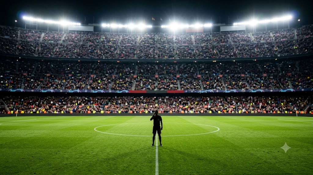 A referee standing alone at the center circle of a packed stadium at night