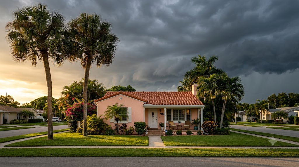 A house under a dark storm front rolling in over the palms