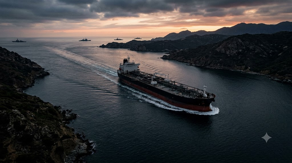 A loaded tanker moving through a narrow channel at dusk with escort vessels in the distance.