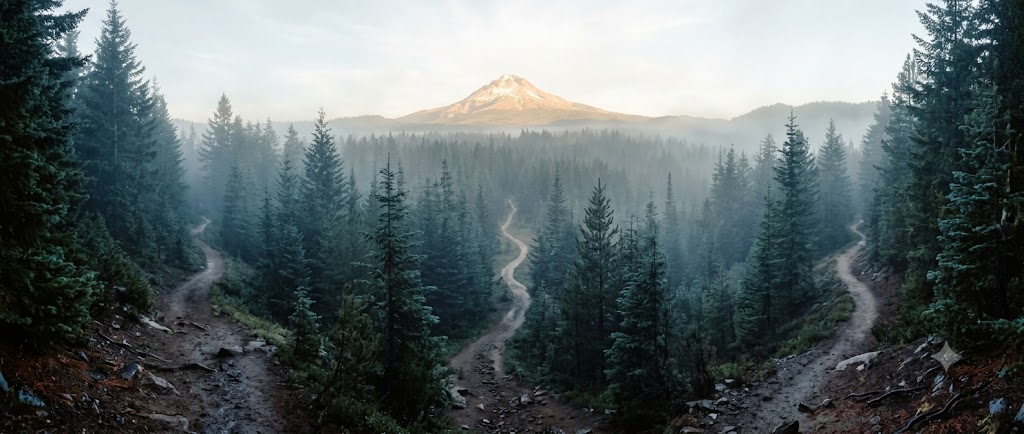 Three dirt trails wind separately through a misty evergreen forest toward the same sunlit mountain.