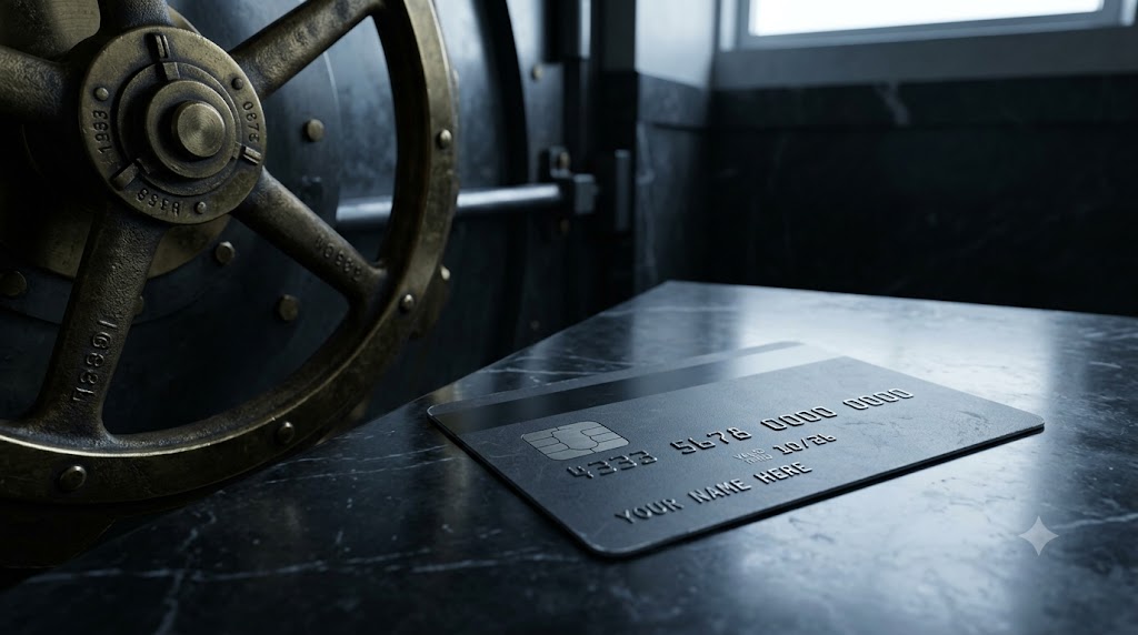 A bank card resting on marble beside a heavy vault door wheel