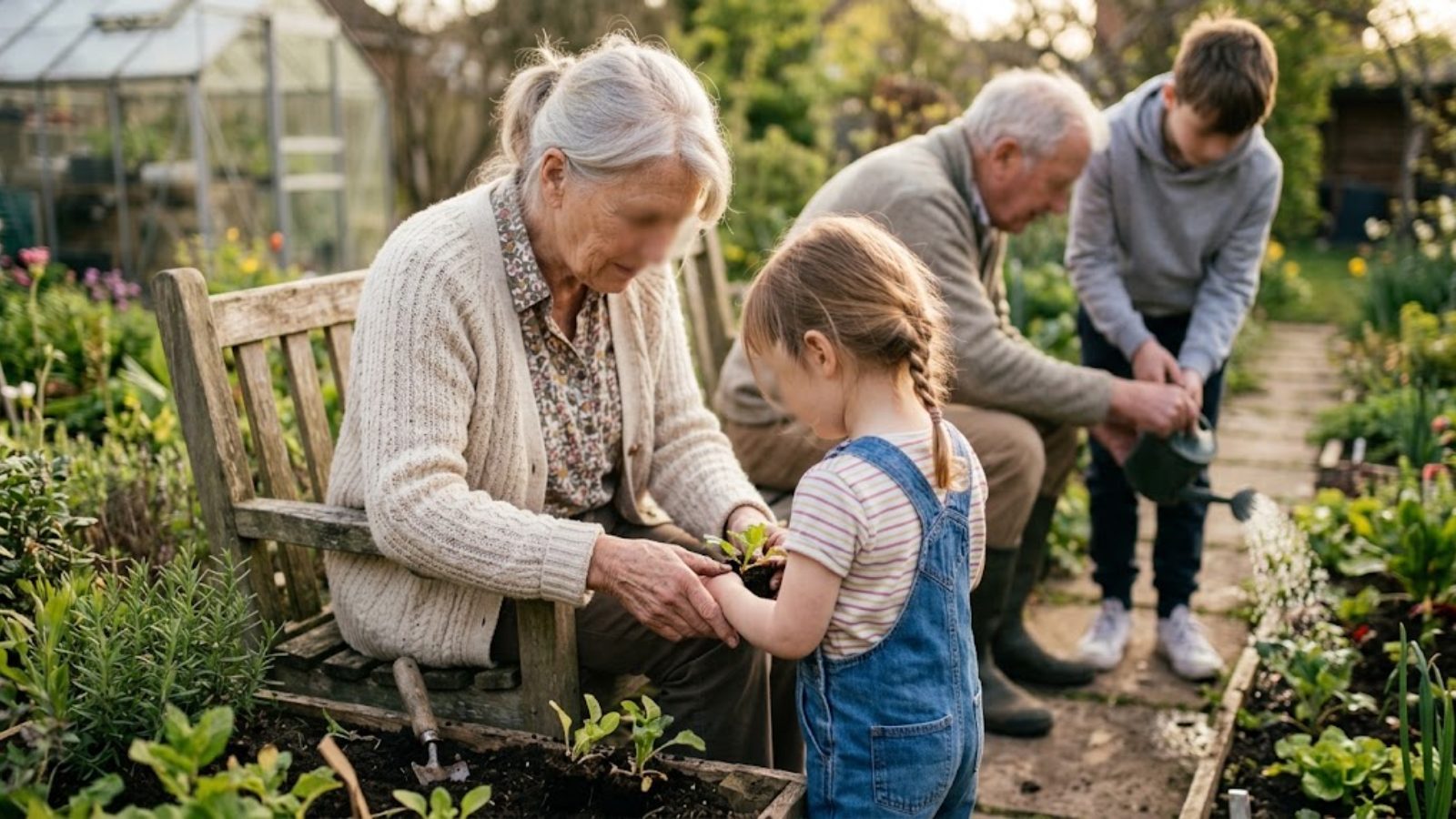 An older couple gardening with two grandchildren on a spring afternoon, planting seedlings in a raised bed.