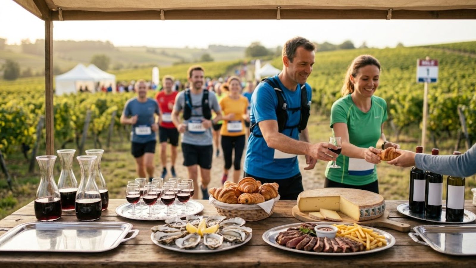 A country lane through vineyards with a race bib pinned to a fence post