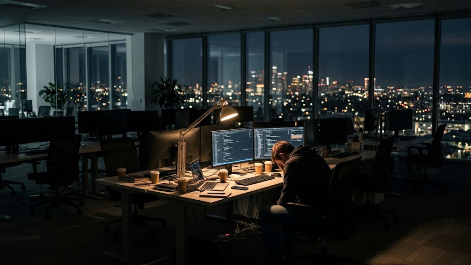 One lamp still on at dusk: the more work AI agents do, the more their founders find themselves working — at the cost of sleep, weight, and being present with anyone else.