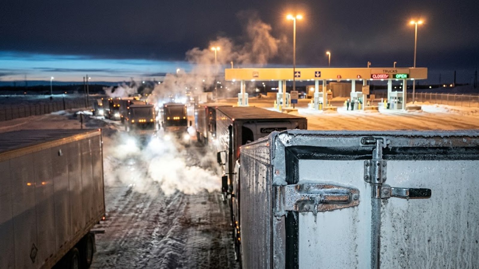 Freight trucks queued at a northern border crossing, where the same components cross several times before a finished product exists.