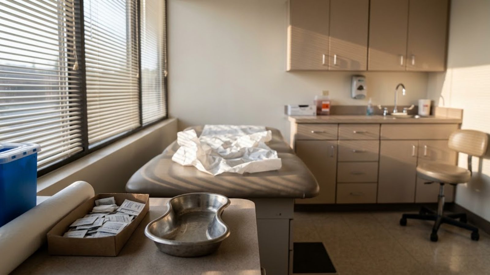 An empty clinic waiting room with four chairs along a window and a closed reception window, sunlight falling across the floor.