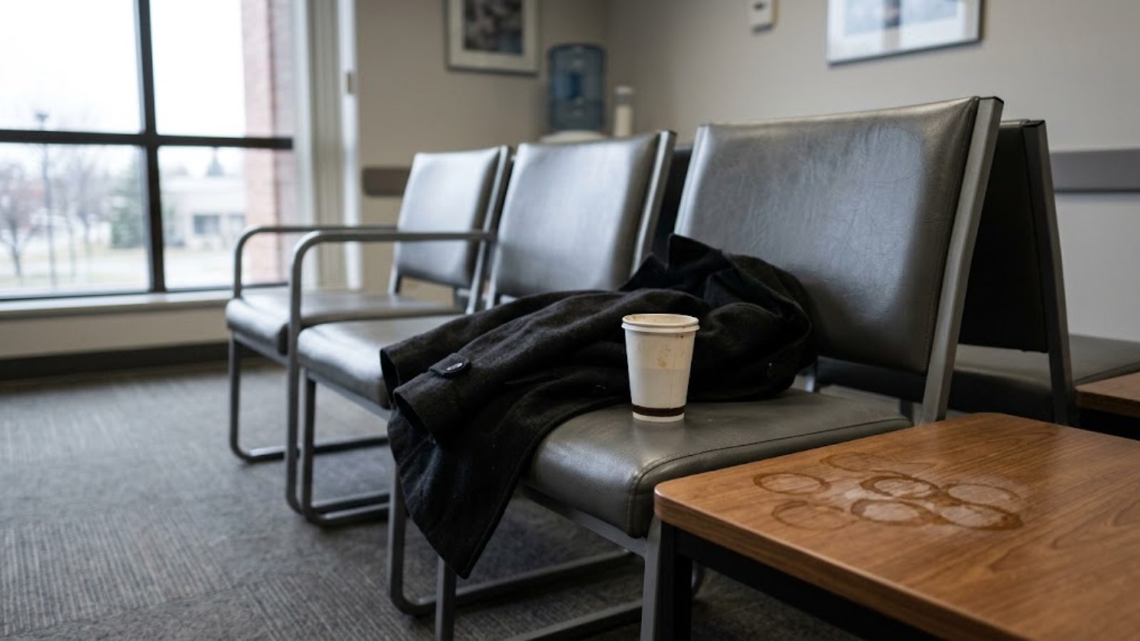 A quiet hospital corridor where a nurse in blue scrubs writes at a rolling workstation while an elderly patient in a wheelchair sits farther down the hall, facing a window.