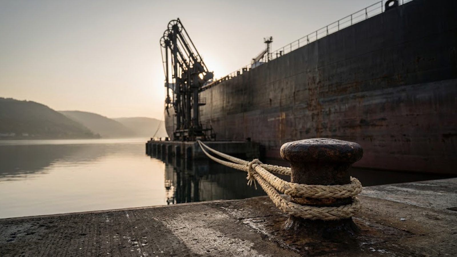 A loaded tanker moving through a narrow channel at dusk with escort vessels in the distance.
