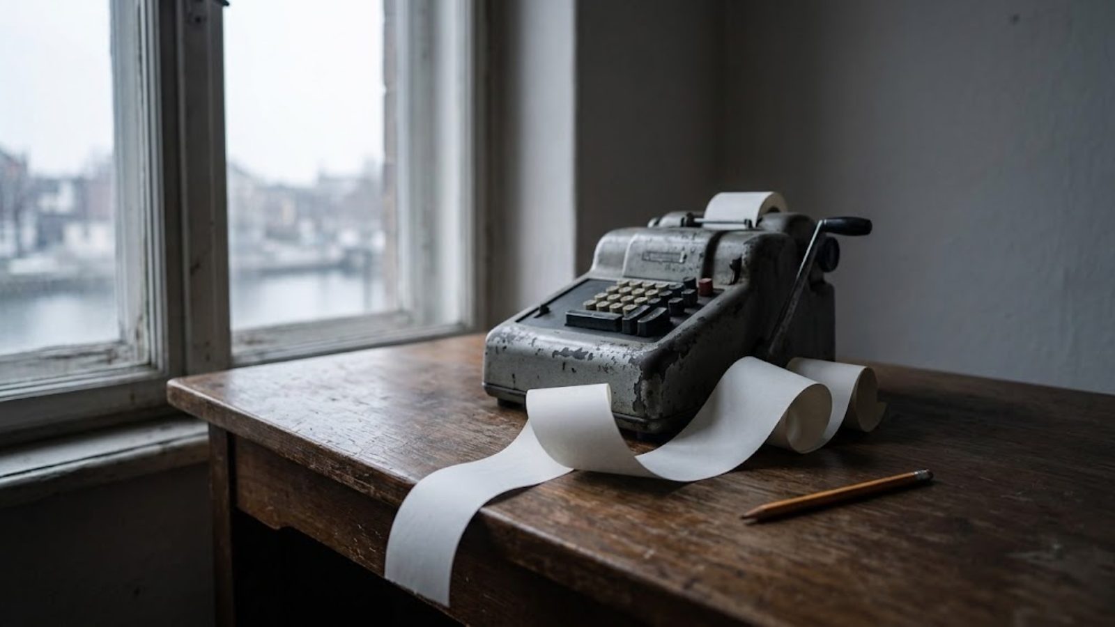 An antique stock ticker machine spooling a long paper ribbon of printed quotes across a wooden table, next to a printed brokerage account statement and a pen.