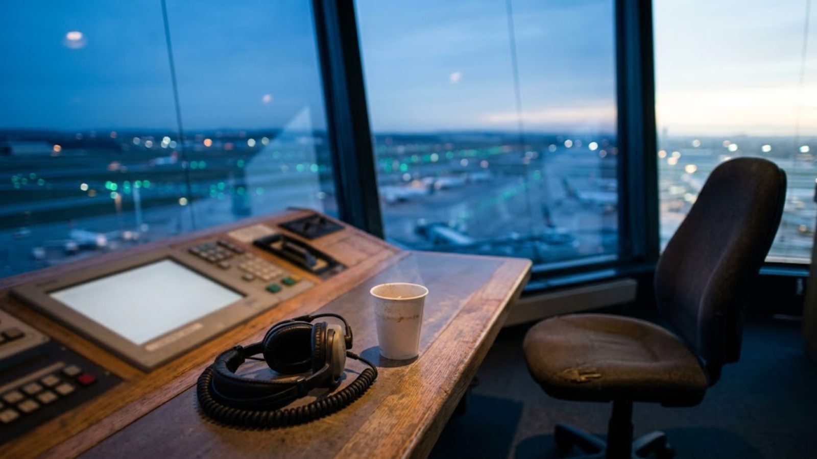 An empty airport gate area at dawn with jet bridges lined up outside the windows.