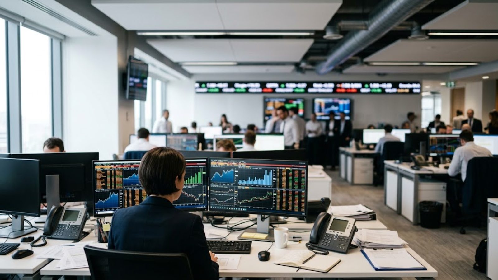 A trading floor scoreboard after the close, every panel green