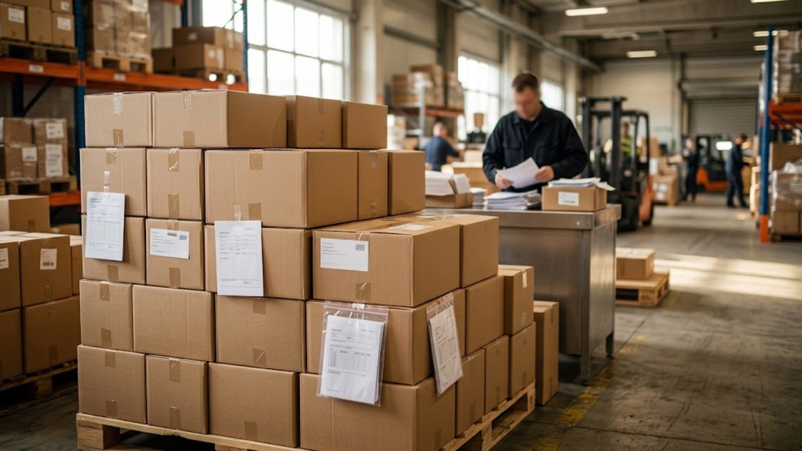A customs warehouse aisle with pallets and paperwork under fluorescent light