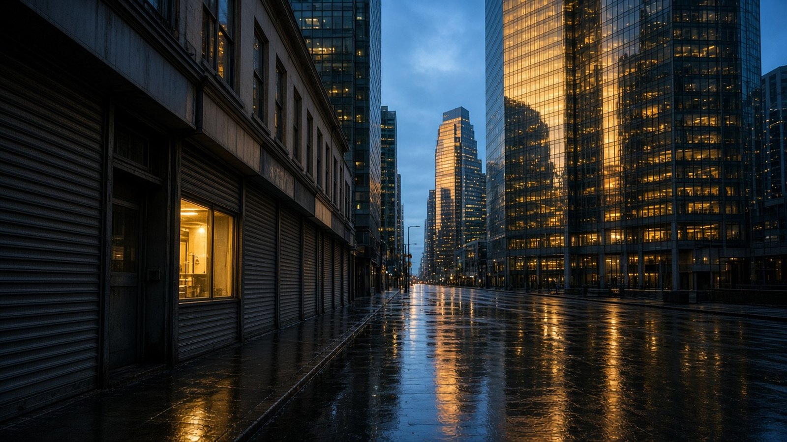A low old building with rolled-down shutters and one lit window faces tall glass office towers glowing gold along a rain-wet city street at dusk.