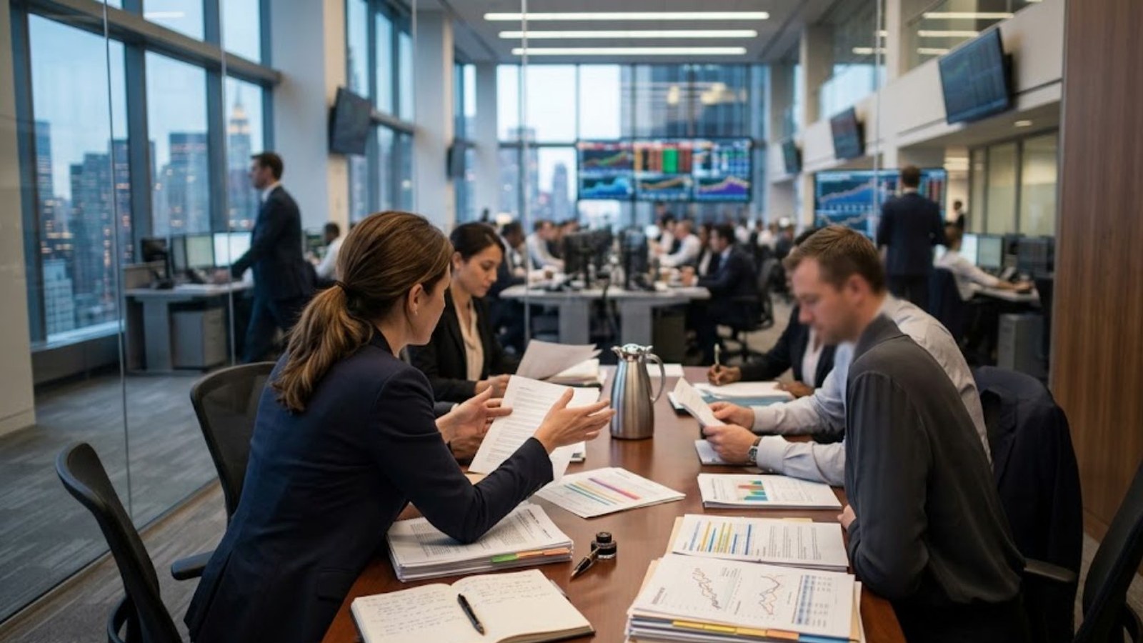 Analysts work through stacks of printed charts at a long table on a trading floor at dusk, market screens glowing behind them and city towers lit beyond the windows.