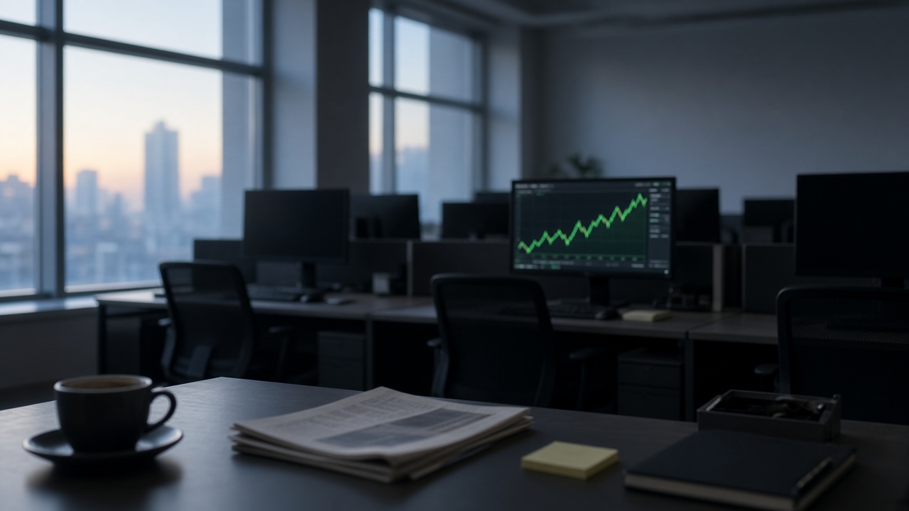 A quiet trading floor at dawn: an empty desk with a cup of coffee, a folded newspaper and a notebook in front, rows of dark monitors behind, one screen glowing with a rising green line, the city skyline pale through tall windows.