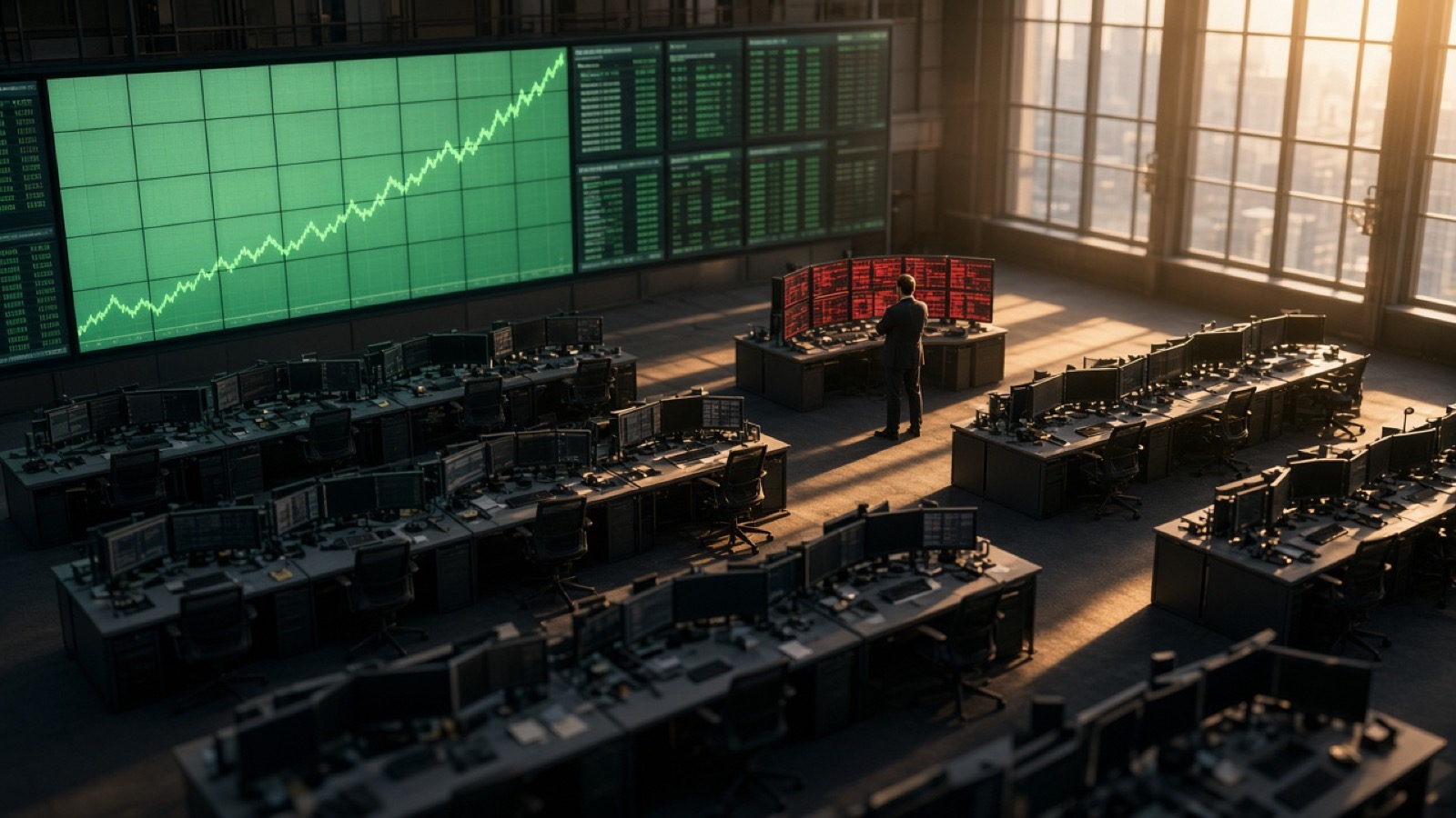 An elevated view of a nearly empty trading floor in late-afternoon light, a wall-size green screen showing a rising line, while one man in a suit stands alone before a curved bank of red monitors.