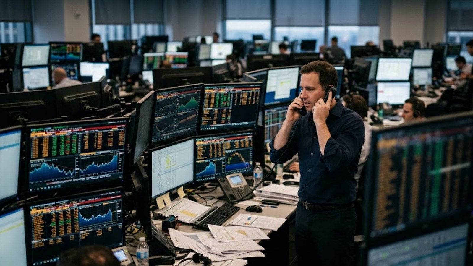 A trader stands at a crowded trading desk with a phone to each ear, banks of monitors glowing with price charts and quote screens under flat office light.