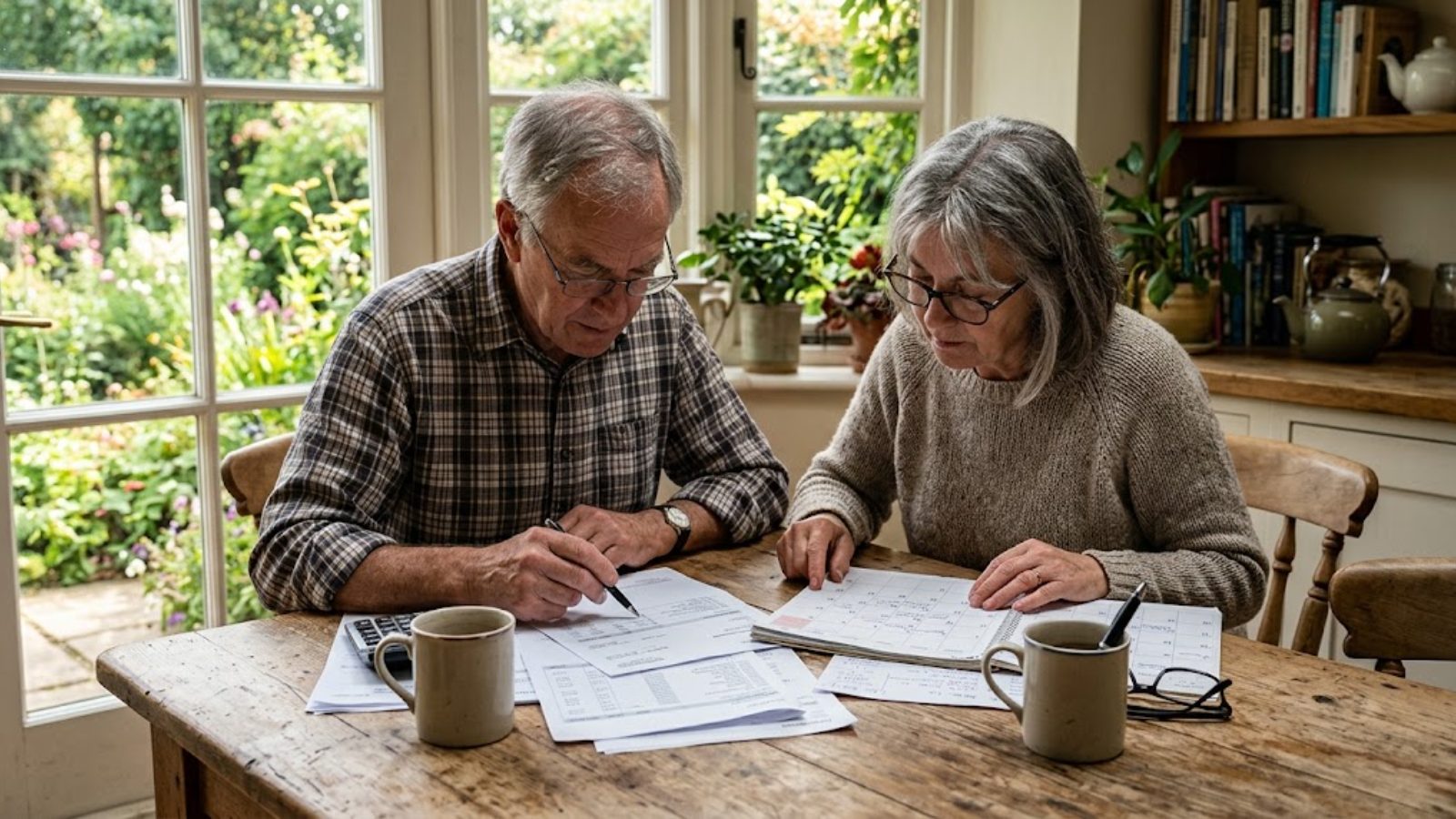 A retired couple at a kitchen table in morning light, statements spread between two coffee mugs, a calculator in his hand — the life side of the two papers