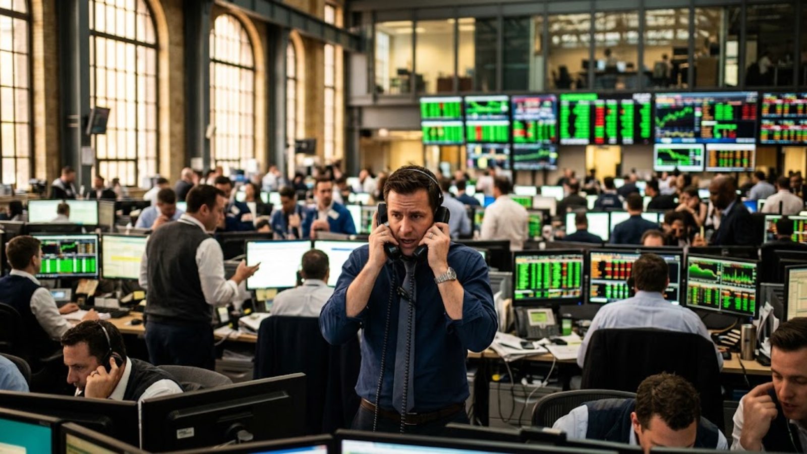 A trading floor on a rally day, one trader on two phones at once, the screens lit green &mdash; the afternoon a single sentence from a Fed governor re-priced September