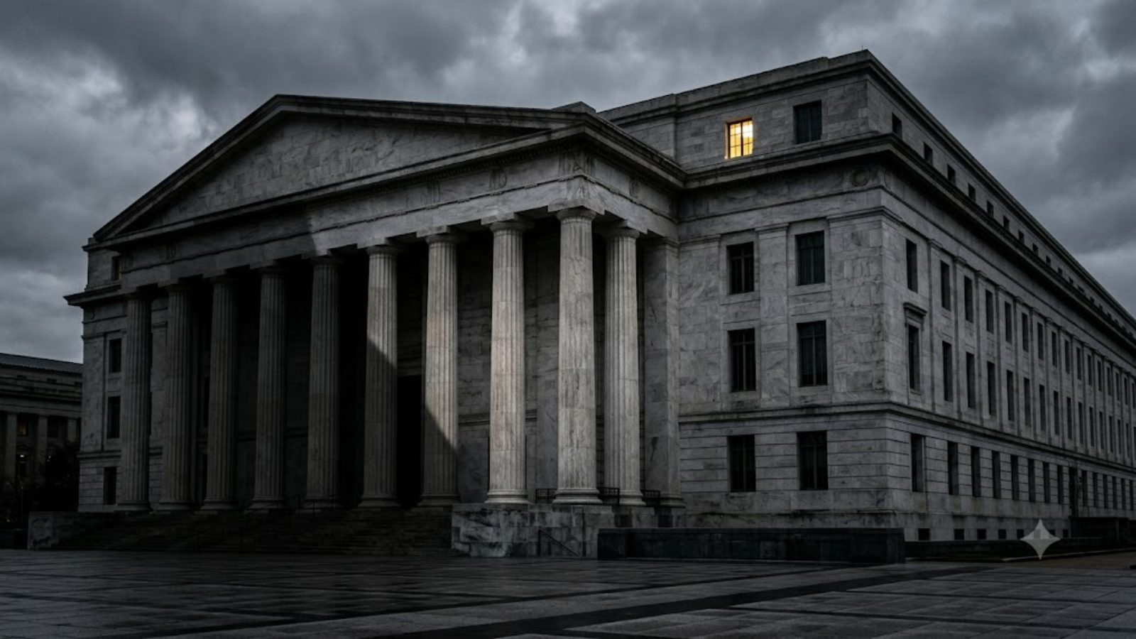 A neoclassical government building with a columned portico under heavy storm clouds, one lit window, an empty street in front, no people