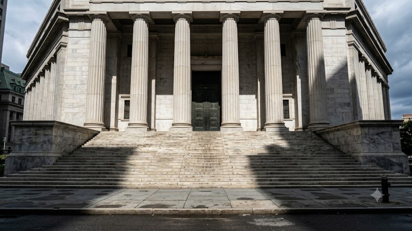 Wide stone steps rise to a neoclassical building with tall fluted columns, sharp shadows falling across the stairs in daylight.