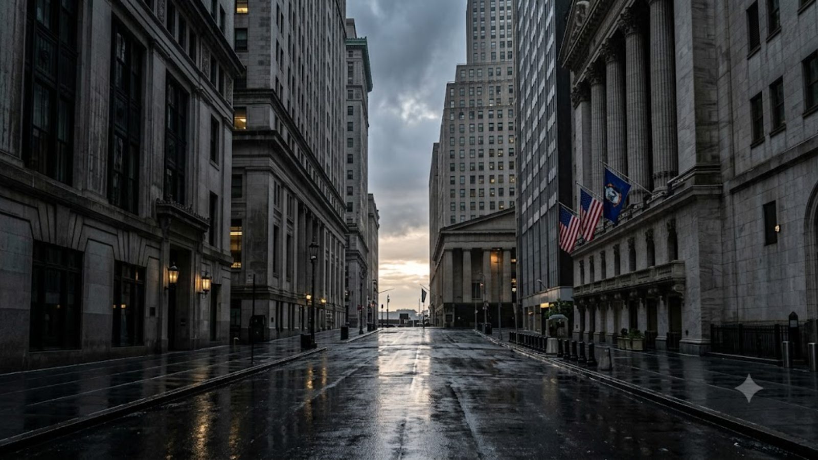 A rain-washed street between stone office towers at dawn, flags hanging from the facades and the sky breaking open above.