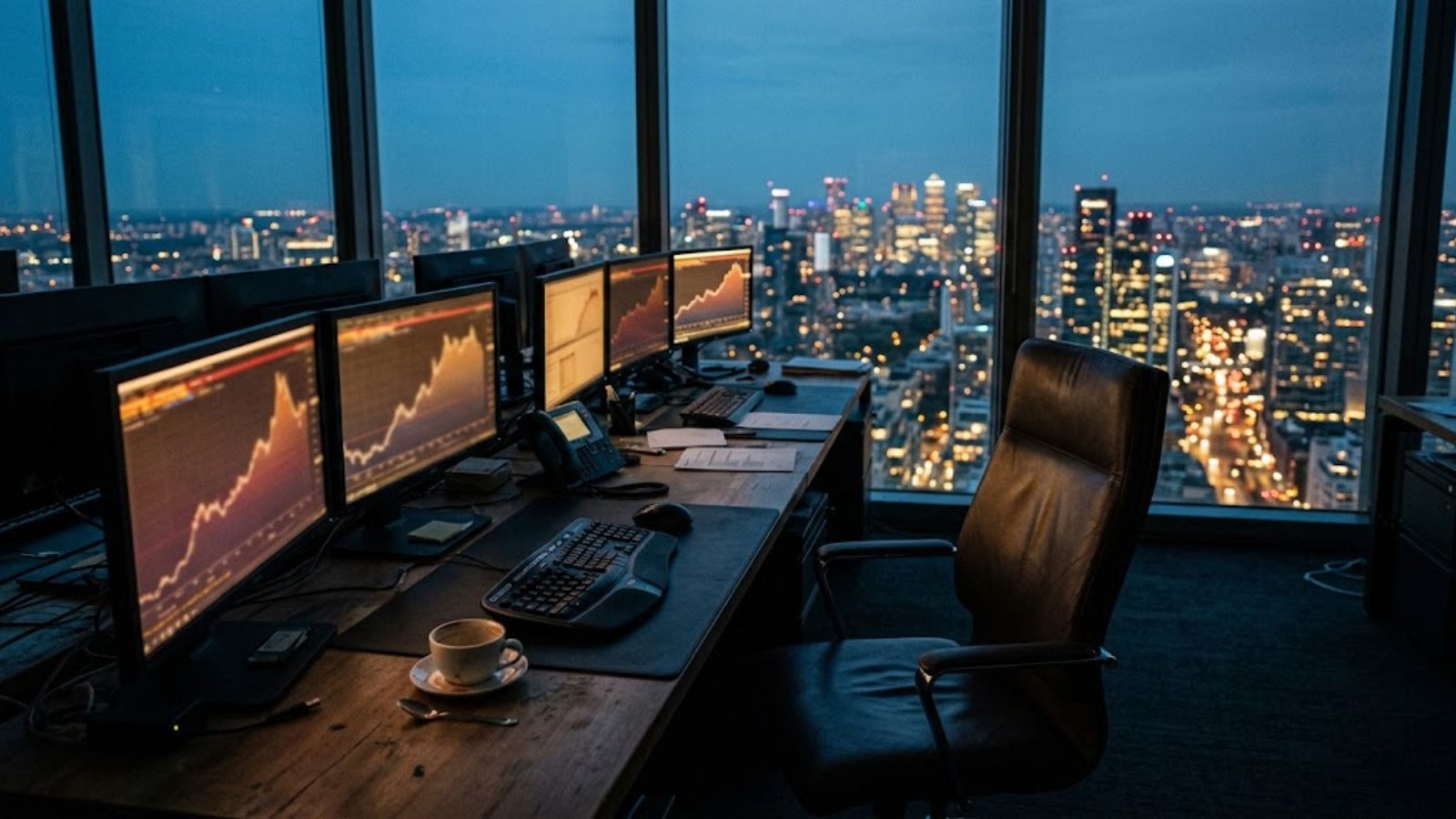 A darkened trading desk at night, red charts glowing on the monitors and the city lit up beyond the window.