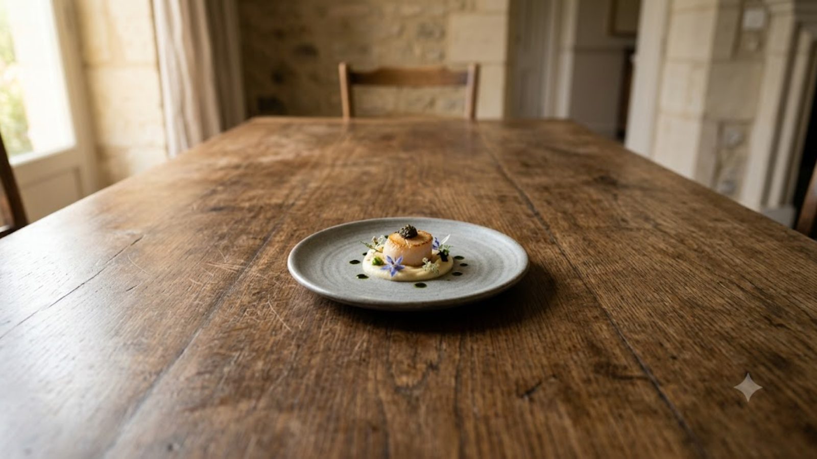 A single small plate of food at the center of a large empty table, warm window light