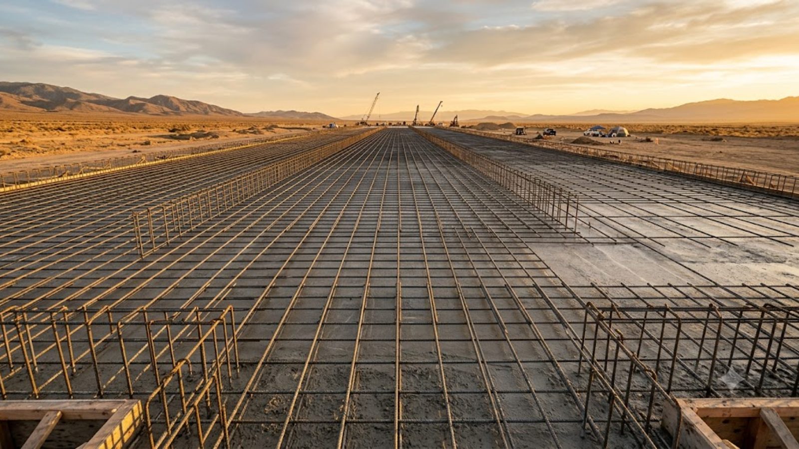 A vast freshly poured concrete foundation in open desert, rebar grid running to the horizon