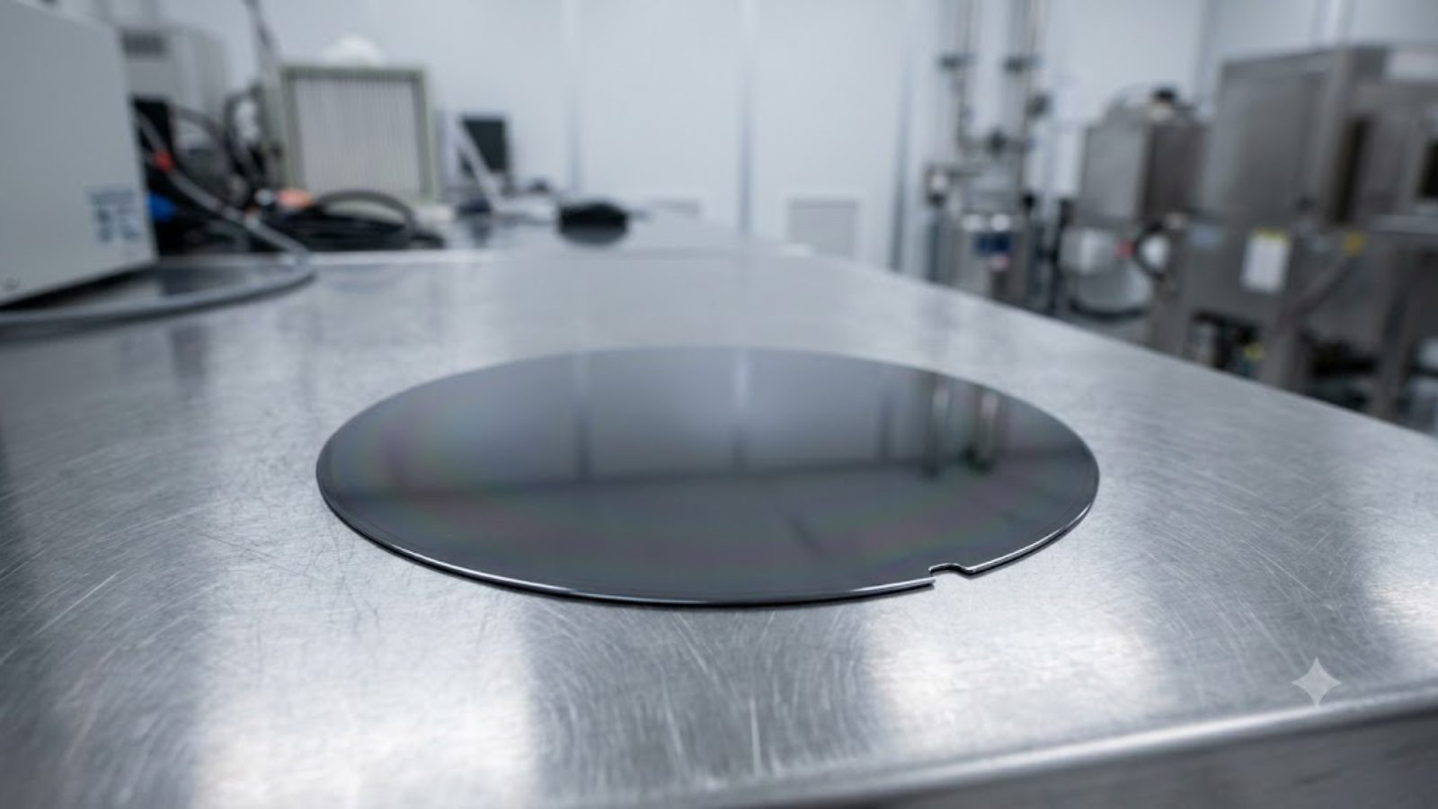A single silicon wafer resting on a clean-room bench under flat even light