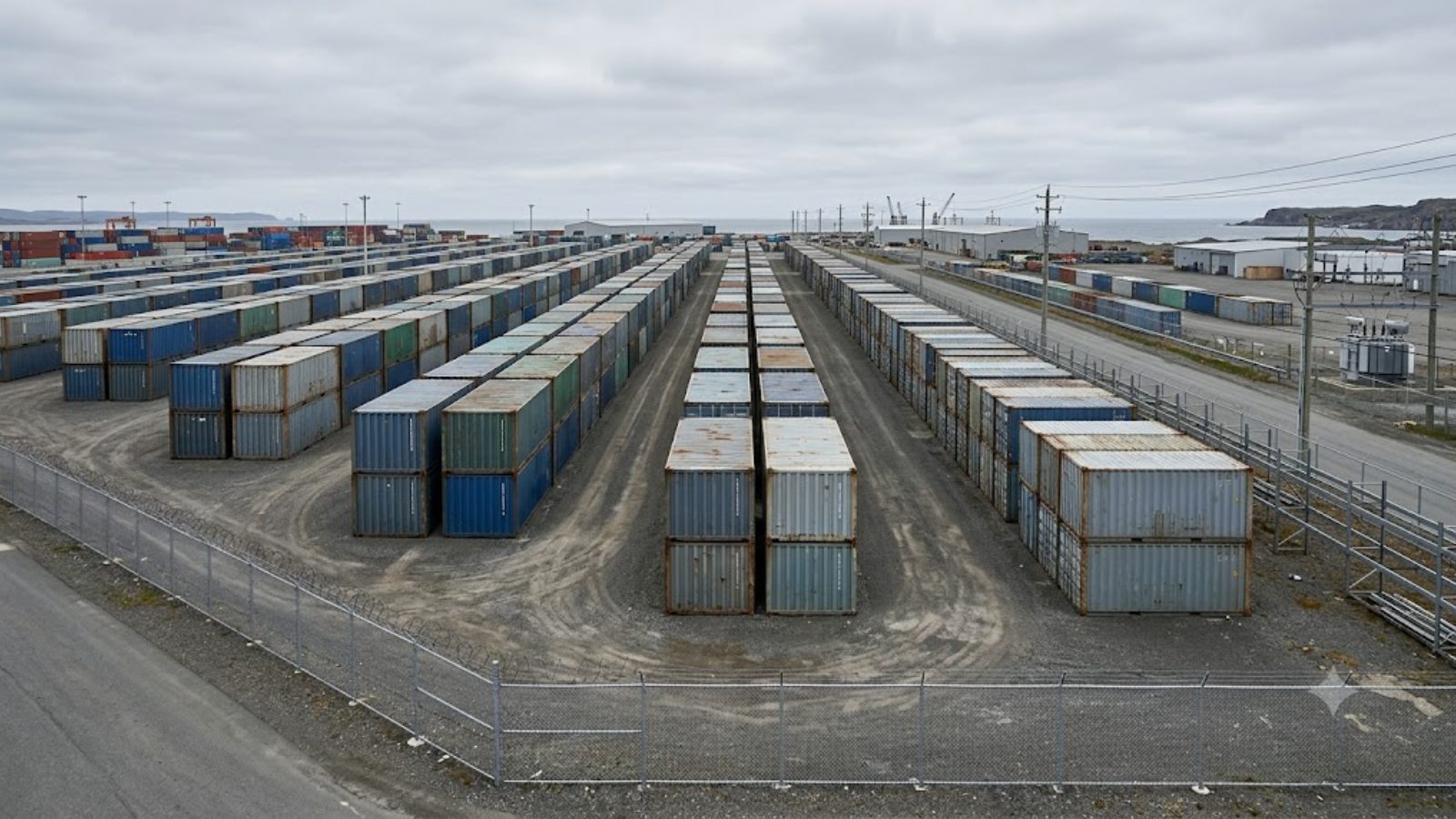 Rows of steel shipping containers in a fenced yard under flat overcast light