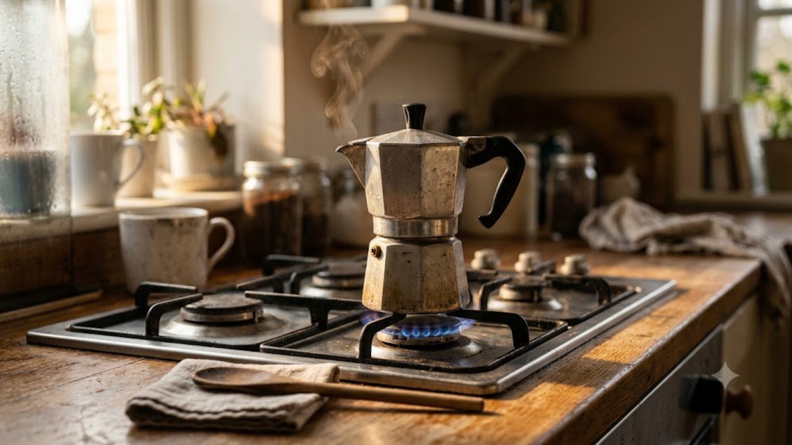 A stovetop moka pot on a hob, morning light raking across the counter