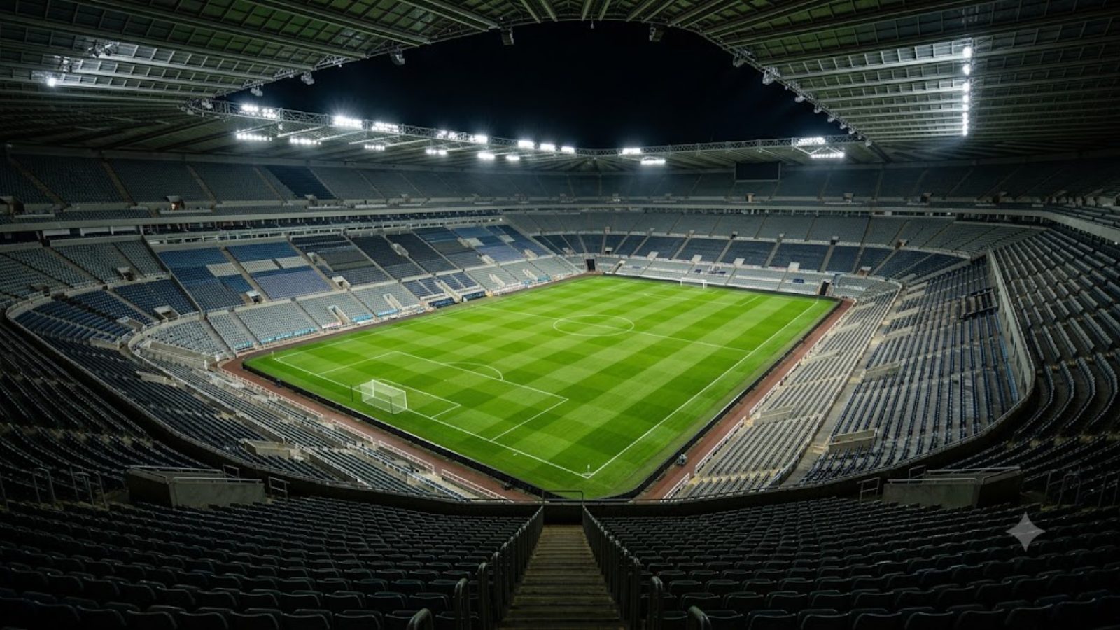 An empty floodlit stadium at night, the pitch freshly cut in stripes