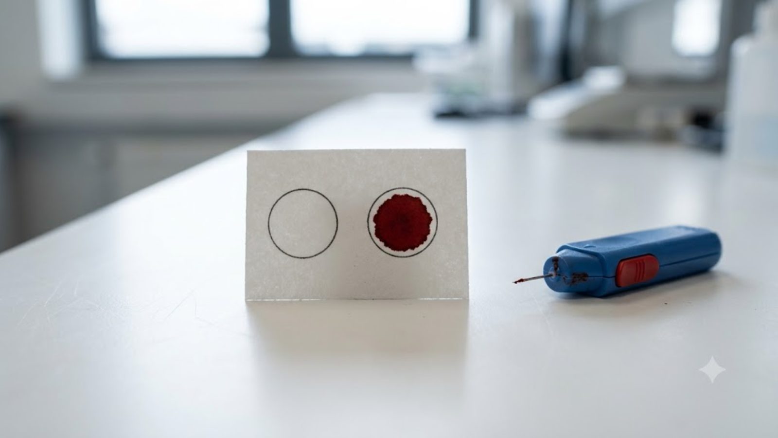 A blood-collection card and a used lancet on a white bench under flat clinical light