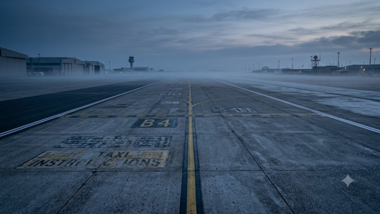 An empty airfield apron at dawn, painted ground markings receding into mist