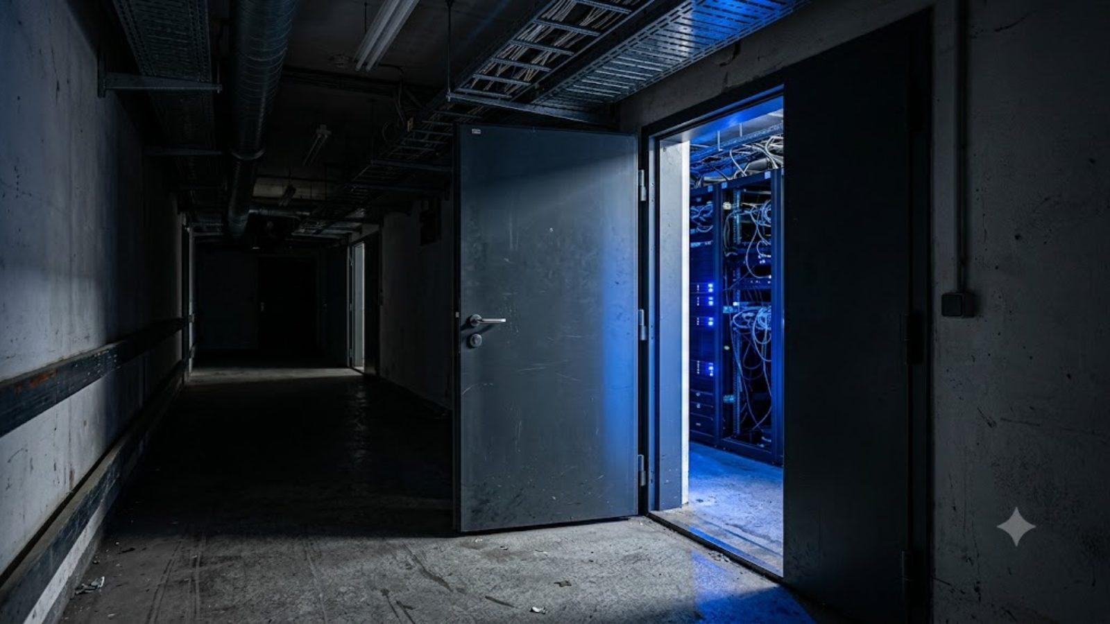 A heavy server-room door standing slightly ajar, light spilling into a dark corridor