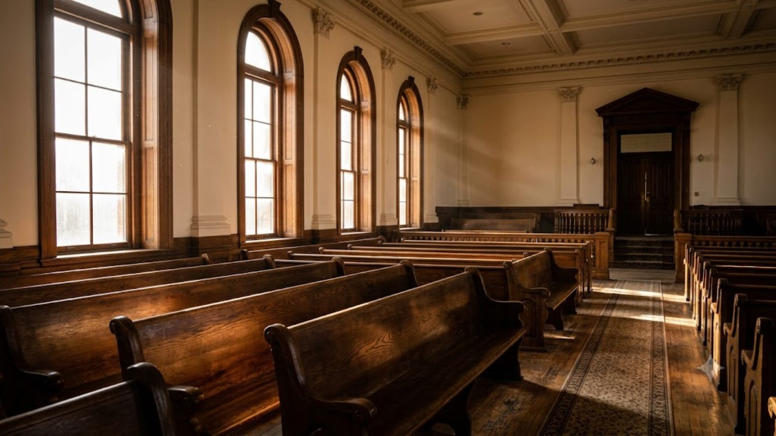 An empty courtroom gallery, rows of wooden benches in low afternoon light